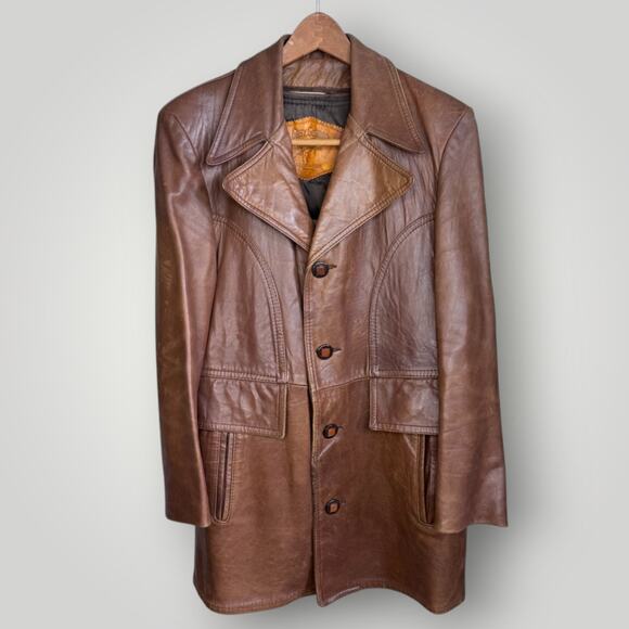 Vintage 1970s Leather Coat 42 Large Brown Gary Gordon Removable Lining Men's - Picture 1 of 6